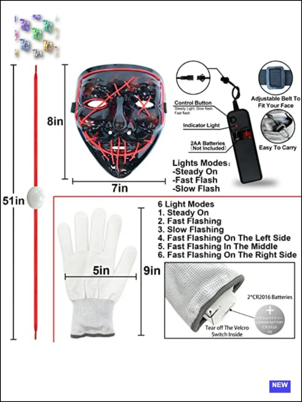 LED Mask Gloves Shoelace Set Halloween Cosplay Rave Kit EL Wire Glow